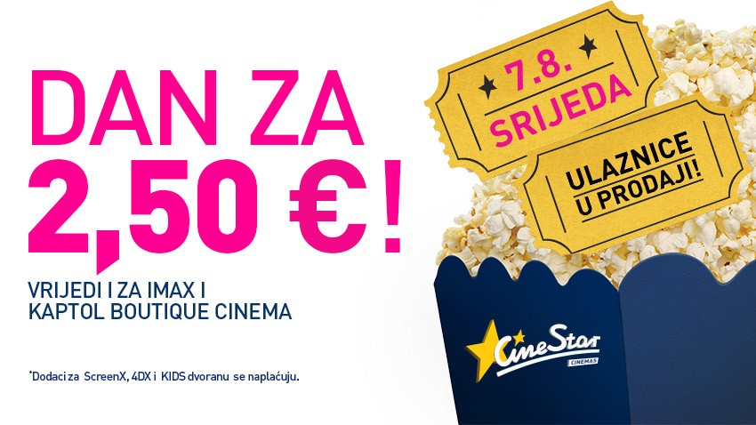 SAVRŠEN LJETNI KINO DAN - U CINESTARU SVI FILMOVI SAMO 2,50 EUR!